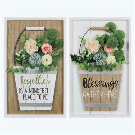 YOUNGS Wood Framed Basket with Artificial Flower Wall Sign, Assorted Color - 2 Piece 72248